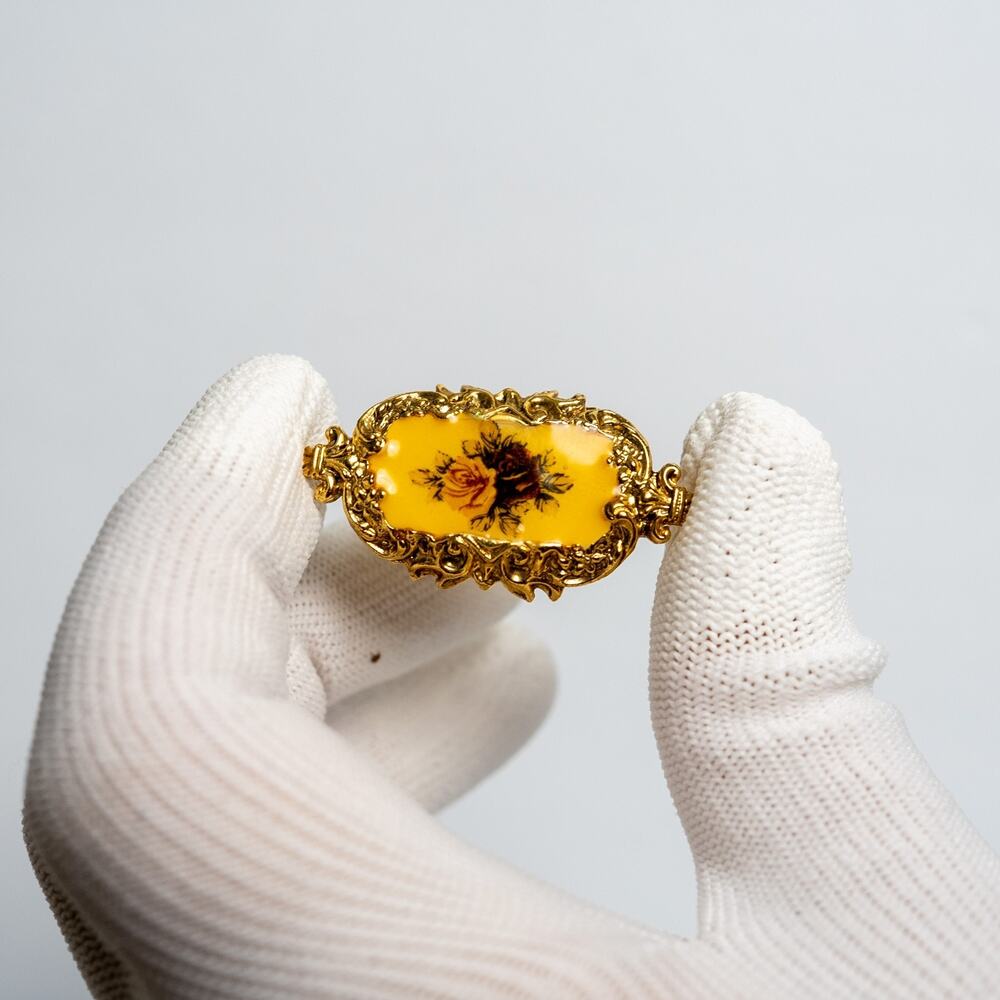 Vintage 1970s Victorian Revival Yellow Enamel Rose Brooch Gold tone Filigree Pin